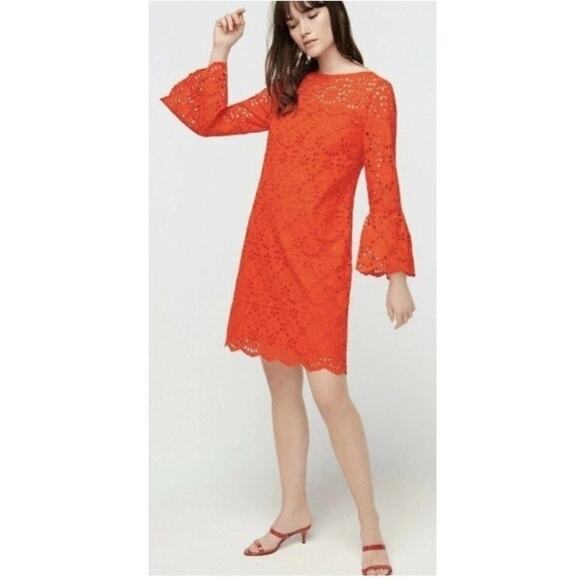 J. Crew Embroidered Eyelet Long Bell Sleeves Sheath Mini Dress Lined 16 Red - Picture 1 of 15